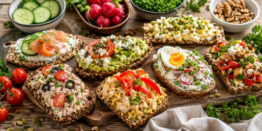 Sieben gesunde Brotzeit-Ideen mit Low Carb Brot, herzhaften Aufstrichen, Ei, Lachs und frischem Gemüse