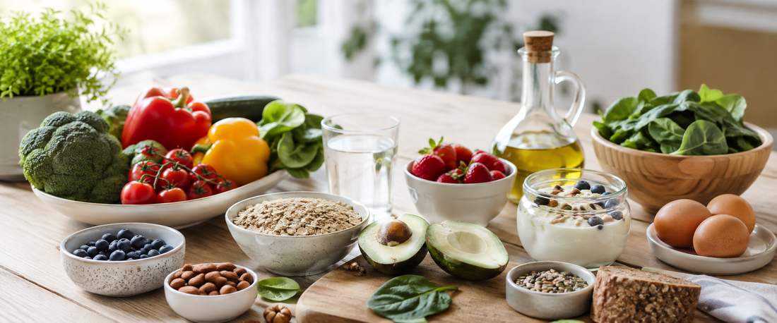 Ausgewogene Lebensmittel mit Gemüse, Proteinbrot, Porridge, Beeren, Nüssen und Olivenöl