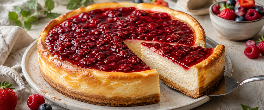 Käsekuchen ohne Zucker mit glänzendem roten Fruchtspiegel und frischen Beeren