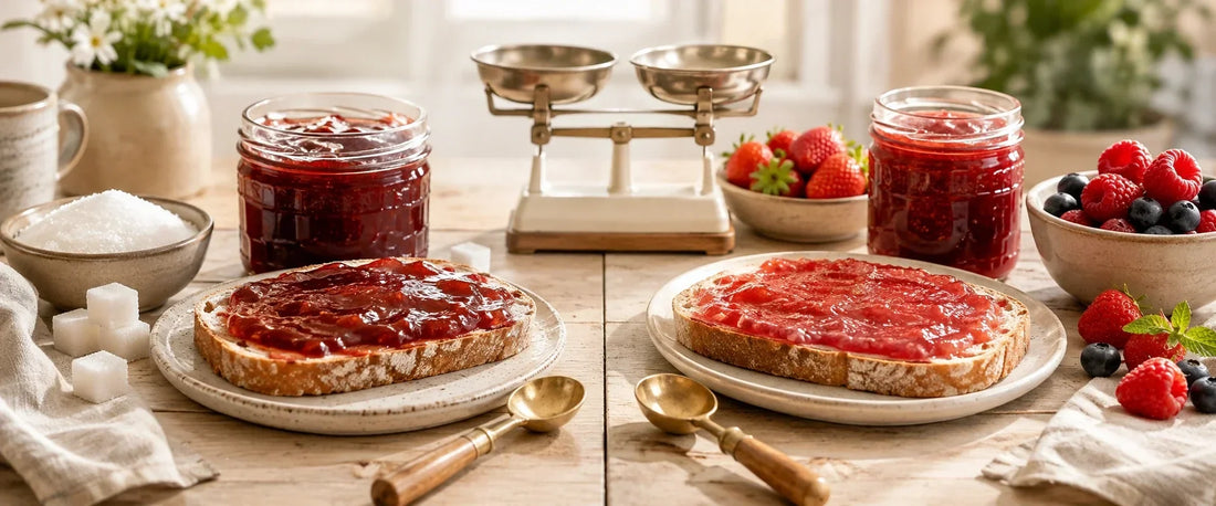 Fruchtaufstrich ohne Zuckerzusatz neben klassischer Marmelade mit frischen Beeren und Brot