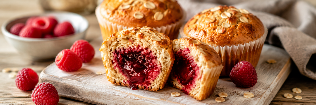 Aufgeschnittener Porridge-Muffin mit rotem Fruchtkern aus Fruchtaufstrich