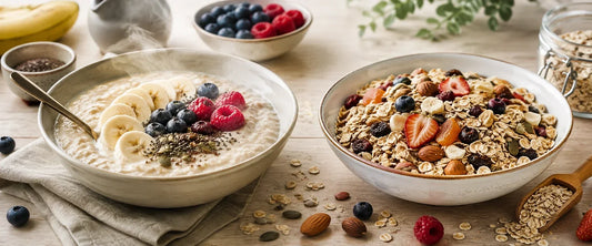 Porridge und Müsli mit Beeren, Nüssen und Samen im direkten Vergleich
