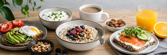 Ausgewogenes Frühstück mit Porridge, Brot, Eiweißquellen, Beeren, Gemüse und Nüssen