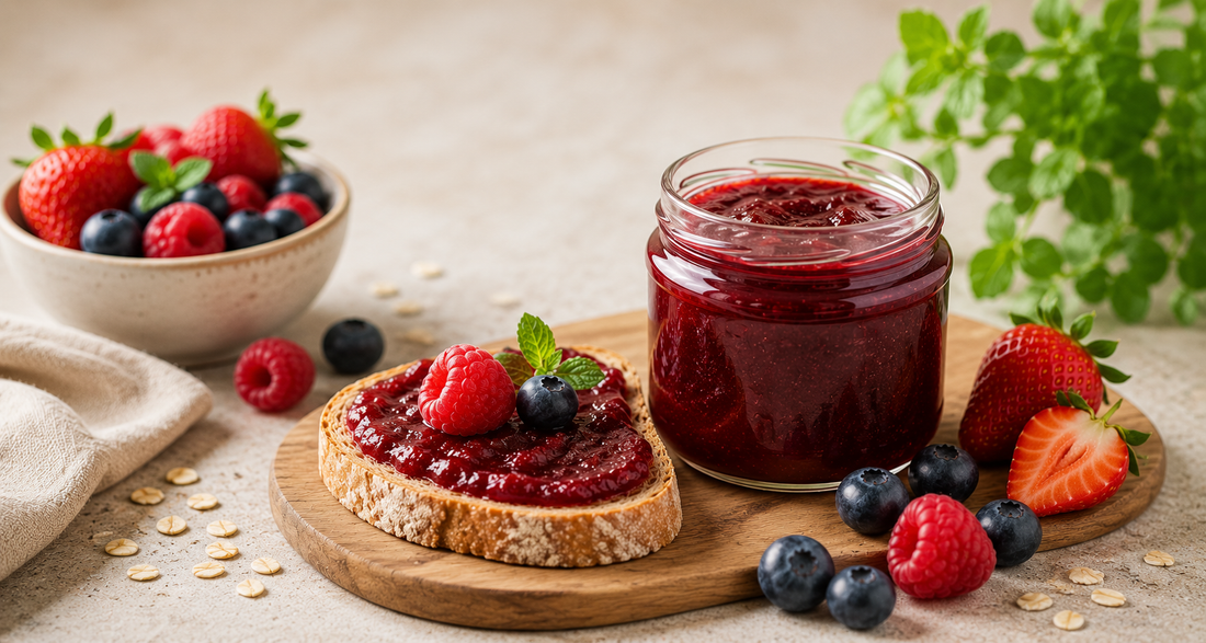 Fruchtaufstrich ohne Zuckerzusatz mit frischen Beeren und Zutaten auf einem Frühstückstisch