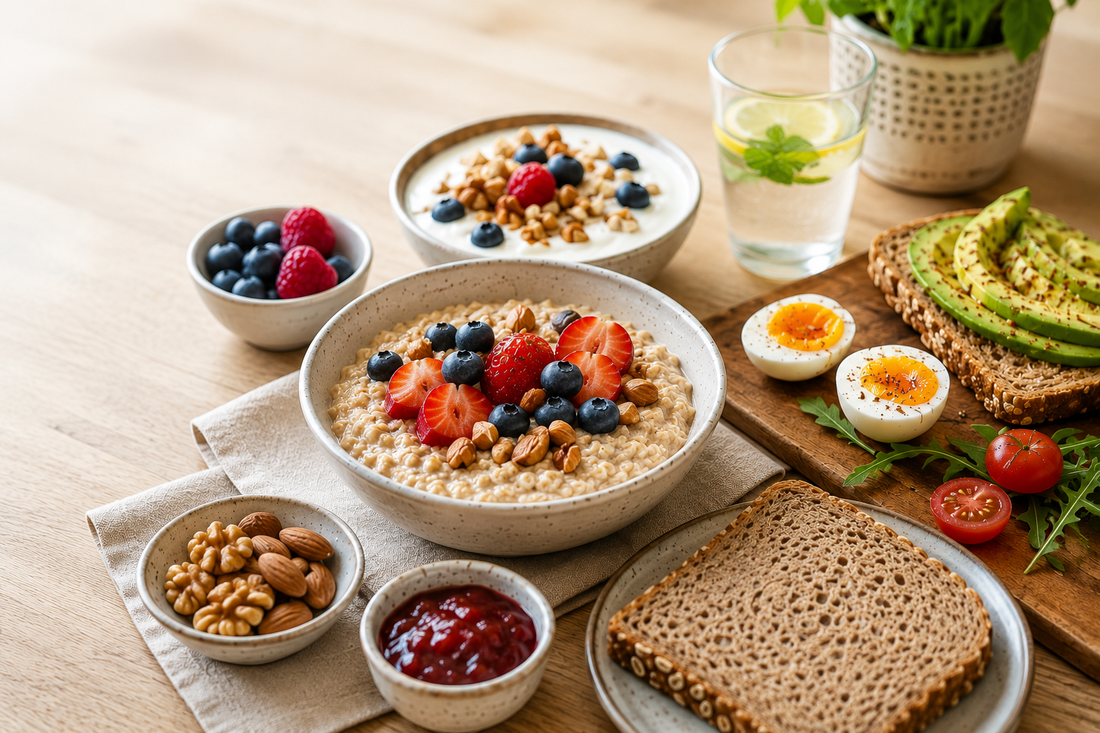 Gesundes Frühstück mit Porridge, Proteinbrot, Eiern, Beeren, Nüssen und Fruchtaufstrich ohne Zuckerzusatz