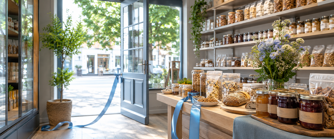 Auswahl an Brot, Porridge, Fruchtaufstrich und weiteren Lebensmitteln zum Start des Zuckerfrei Shops