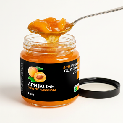 Just Jam Aprikose Marmelade ohne Zuckerzusatz – Nahaufnahme Konsistenz, 80% Frucht, glutenfrei, vegan, 200g