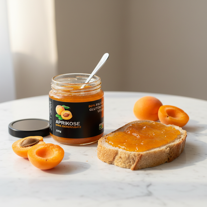 Just Jam Aprikose Marmelade auf weißem Marmor mit Brot und frischen Aprikosen – zuckerfrei, glutenfrei, 200g