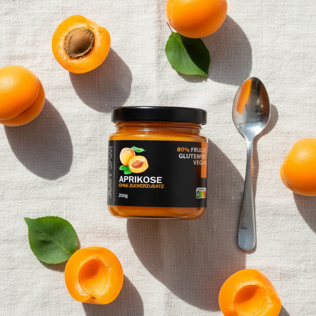 Just Jam Aprikose Marmelade Flatlay auf Leinen mit frischen Aprikosen – zuckerfrei, glutenfrei, vegan, 200g