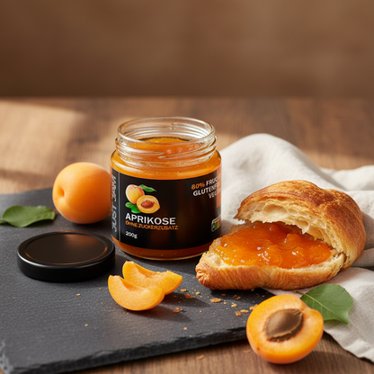Just Jam Aprikose Marmelade auf Schieferplatte mit Croissant – ohne Zuckerzusatz, vegan, 80% Frucht