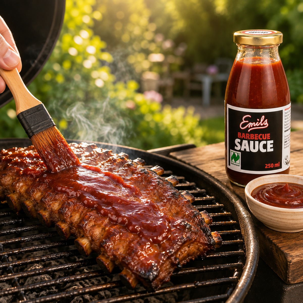 Schweinerippchen auf dem Grill werden mit Emils Bio Barbecue Sauce glasiert