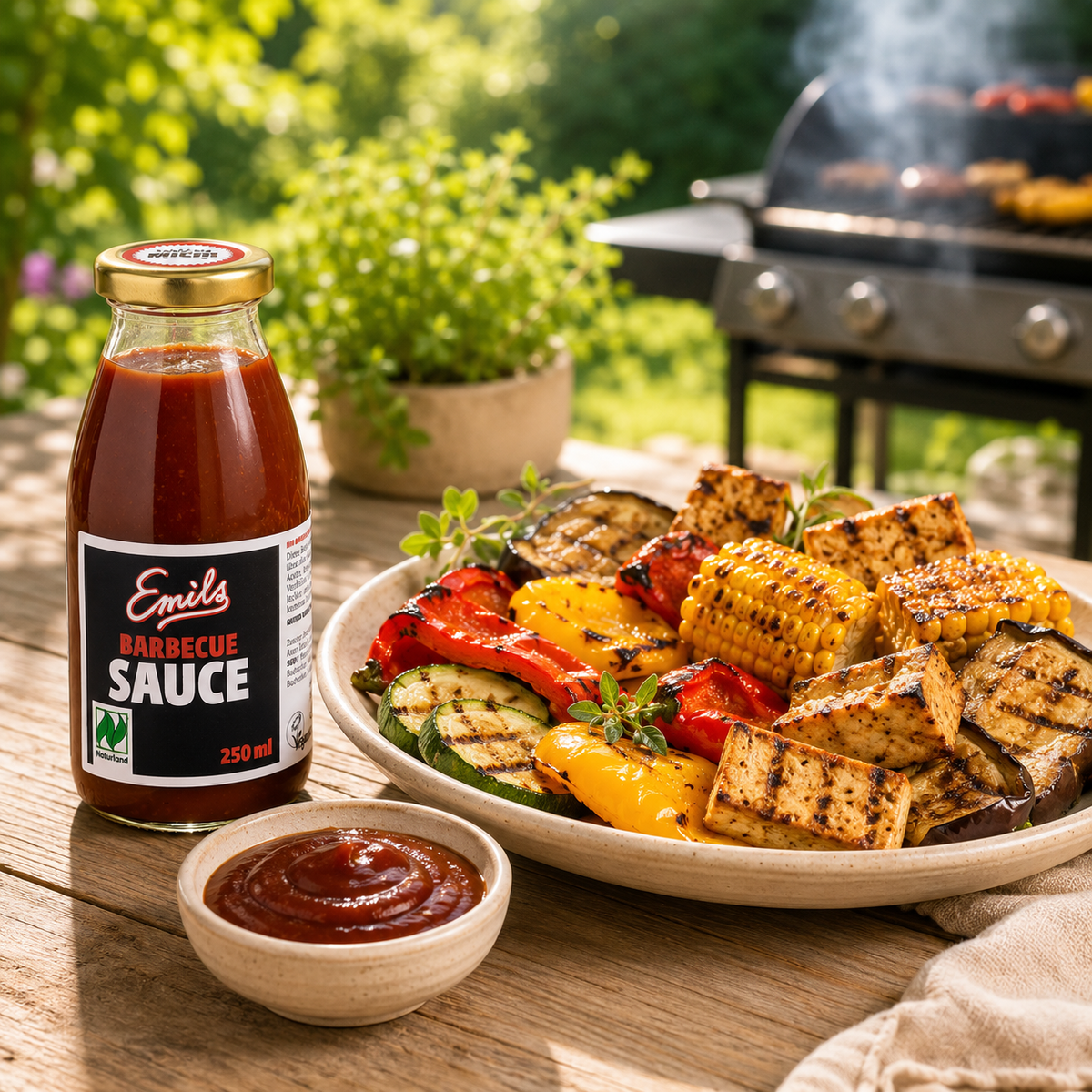 Emils Bio Barbecue Sauce mit gegrilltem Gemüse und Tofu auf einer sommerlichen Terrasse