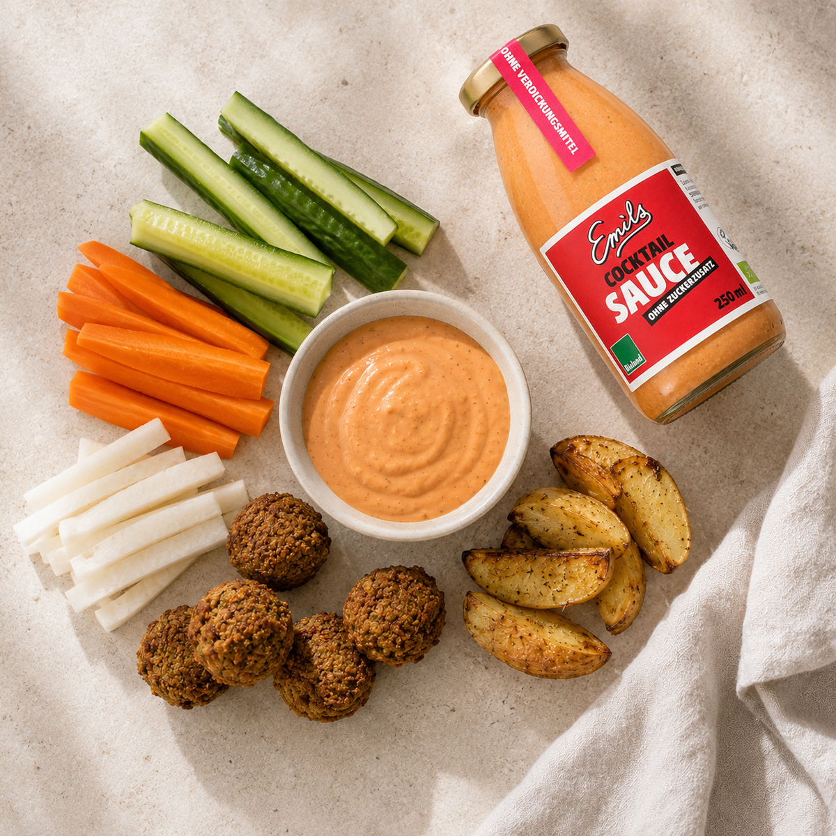 Emils Bio Cocktail Sauce ohne Zuckerzusatz als Dip mit Falafel, Kartoffeln und frischem Gemüse