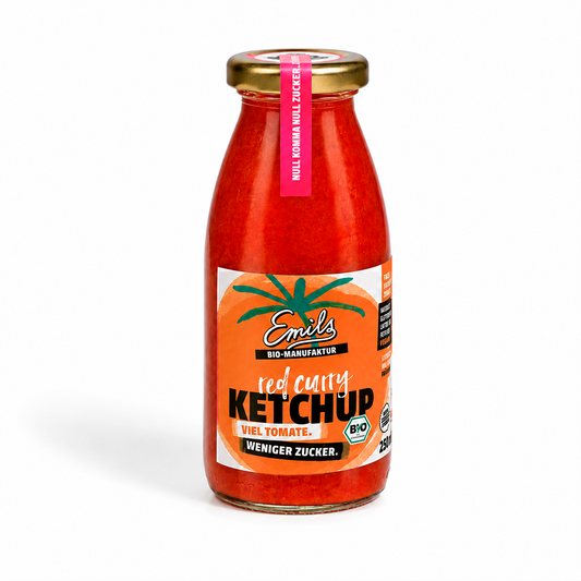 Emils Bio Red Curry Ketchup in der 250-ml-Flasche auf weißem Hintergrund