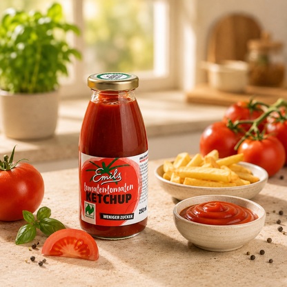 Emils Bio Tomaten Ketchup mit frischen Tomaten, Basilikum und Pommes