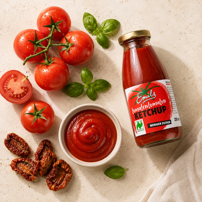 Emils Bio Tomaten Ketchup mit frischen und sonnengetrockneten Tomaten und Basilikum