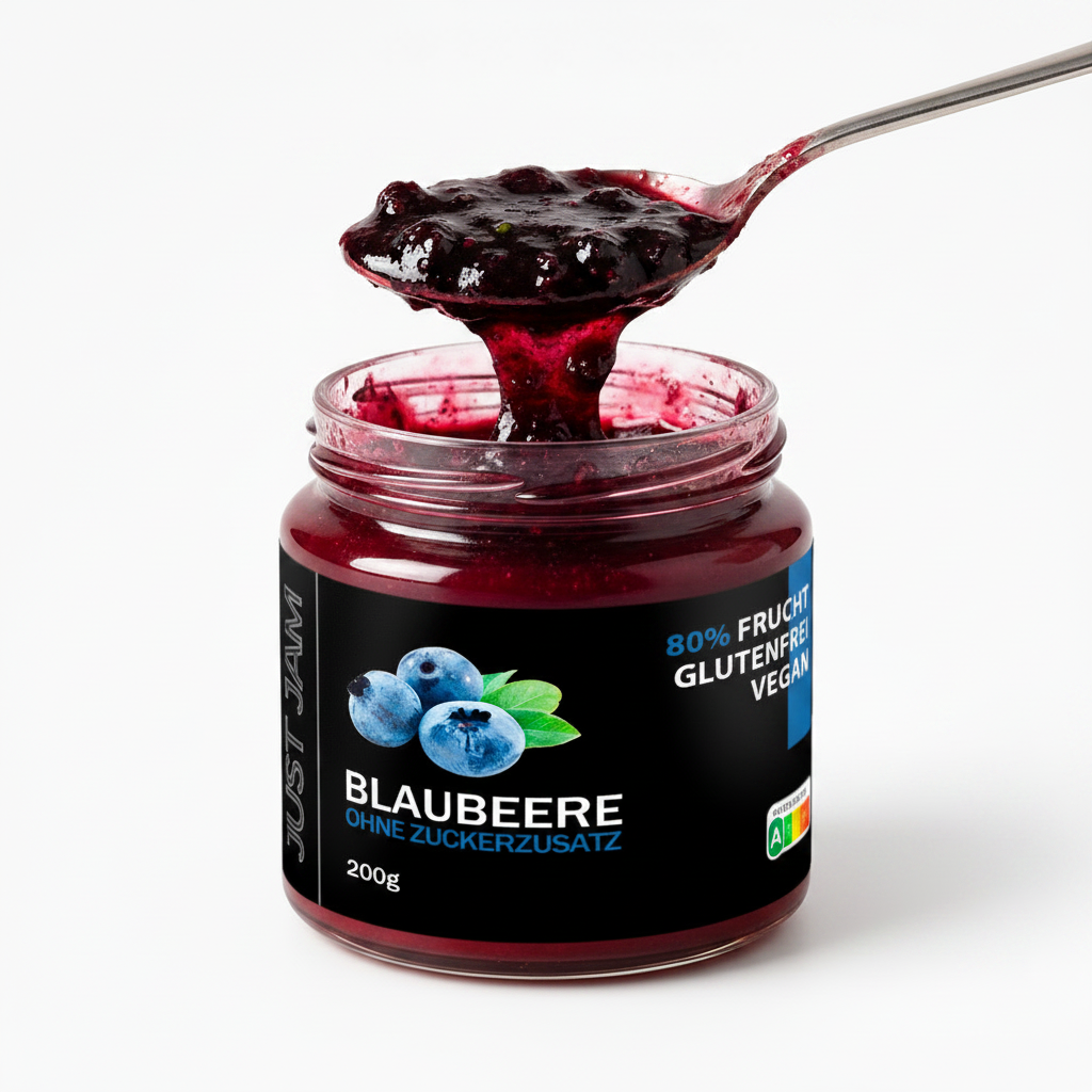 Just Jam Blaubeere Marmelade ohne Zuckerzusatz – Nahaufnahme Konsistenz, 80% Frucht, glutenfrei, vegan, 200g