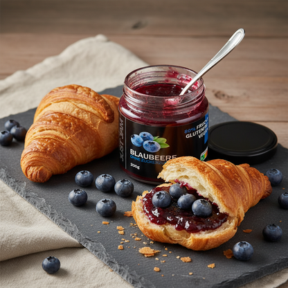 Just Jam Blaubeere Marmelade auf Schieferplatte mit Croissant – ohne Zuckerzusatz, vegan, 80% Frucht