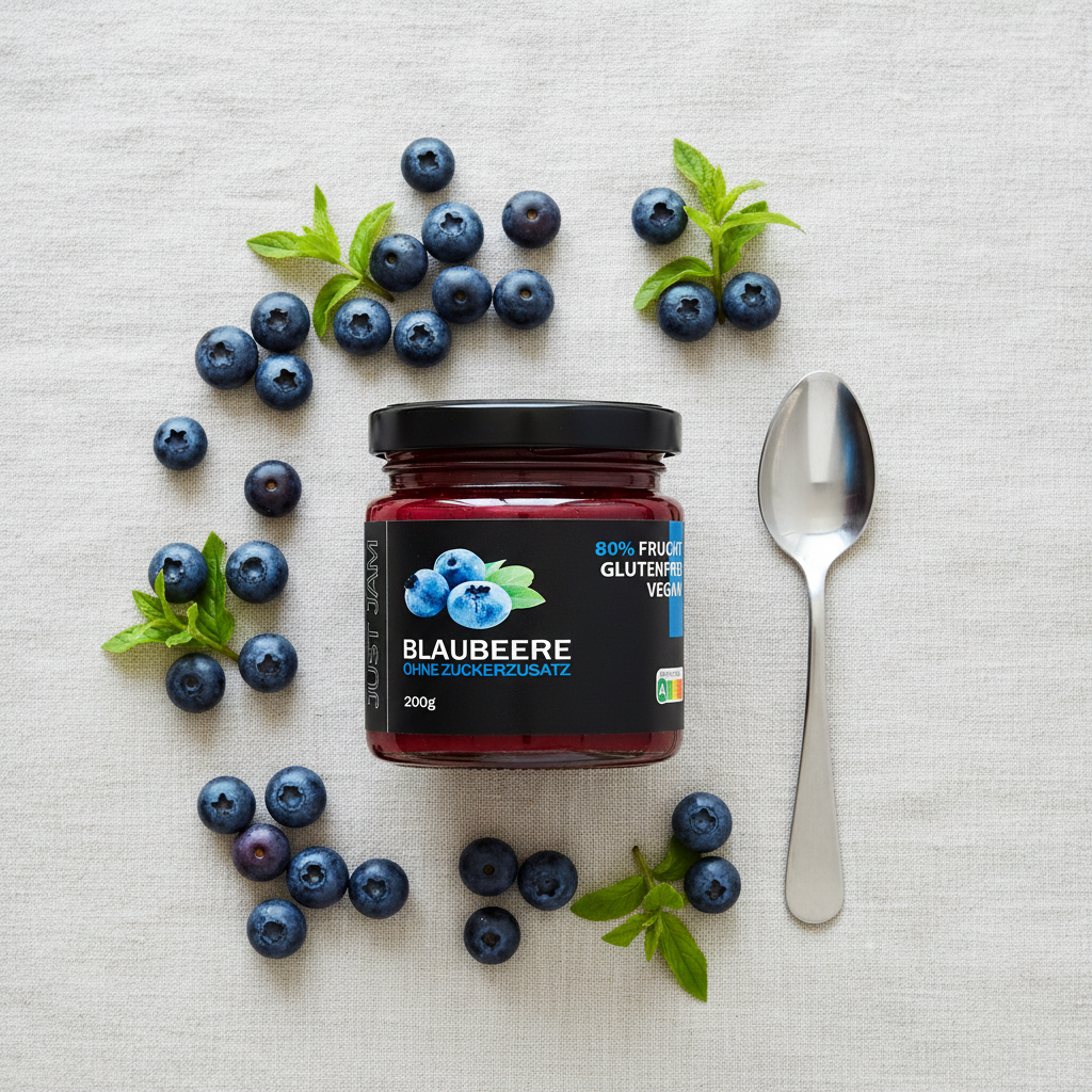 Just Jam Blaubeere Marmelade Flatlay auf Leinen mit frischen Blaubeeren – zuckerfrei, glutenfrei, vegan, 200g