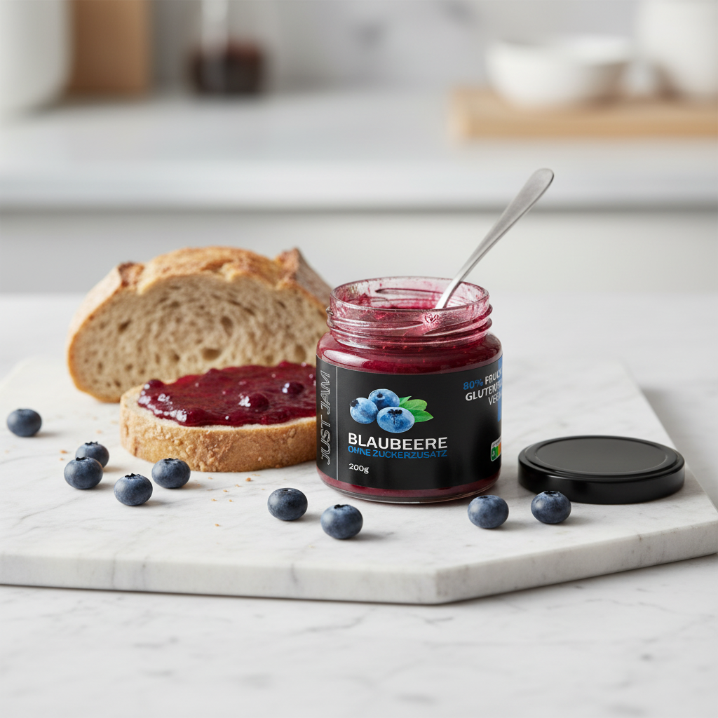 Just Jam Blaubeere Marmelade auf weißem Marmor mit Brot und frischen Blaubeeren – zuckerfrei, glutenfrei, 200g