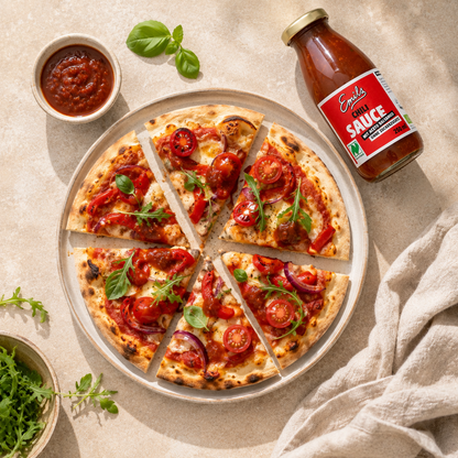 Flatbread Pizza mit Gemüse und Emils Bio Chili Sauce ohne Zuckerzusatz als würziges Topping