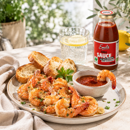 Gebratene Garnelen mit Knoblauch, Baguette und Emils Bio Chili Sauce ohne Zuckerzusatz