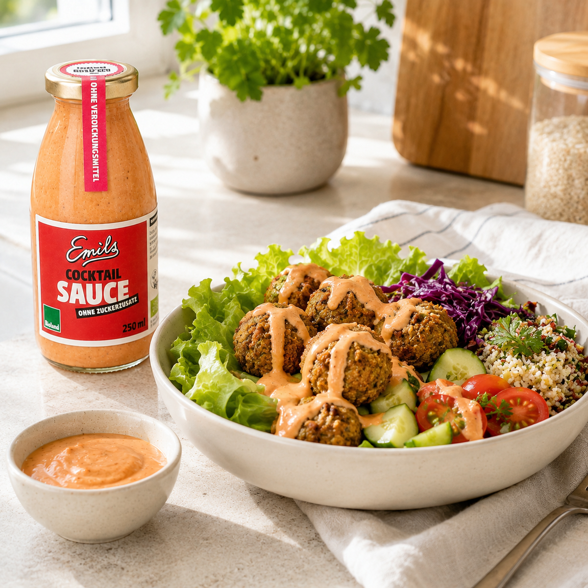 Falafel Bowl mit Gemüse und Emils Bio Cocktail Sauce ohne Zuckerzusatz