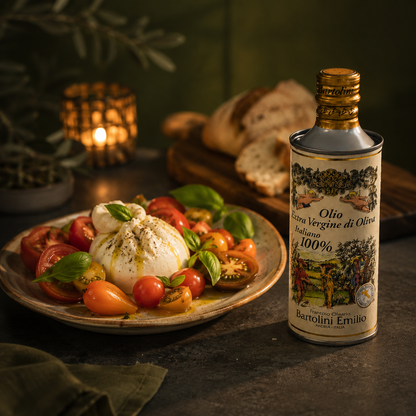 Olivenöl Extra Vergine von Emilio Bartolini mit Burrata, Tomaten und Basilikum bei mediterraner Abendservierung
