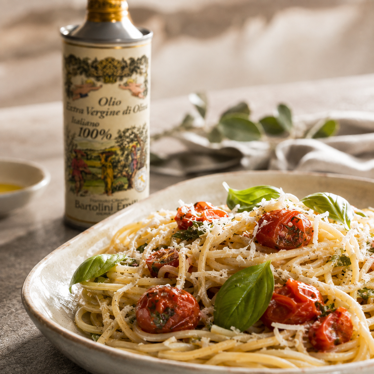 Italienisches Olivenöl Extra Vergine von Emilio Bartolini mit Pasta, Tomaten, Basilikum und Parmesan