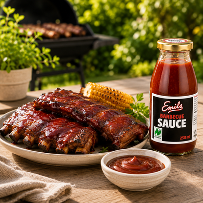 Emils Bio Barbecue Sauce mit glasierten Schweinerippchen und Mais vom Grill