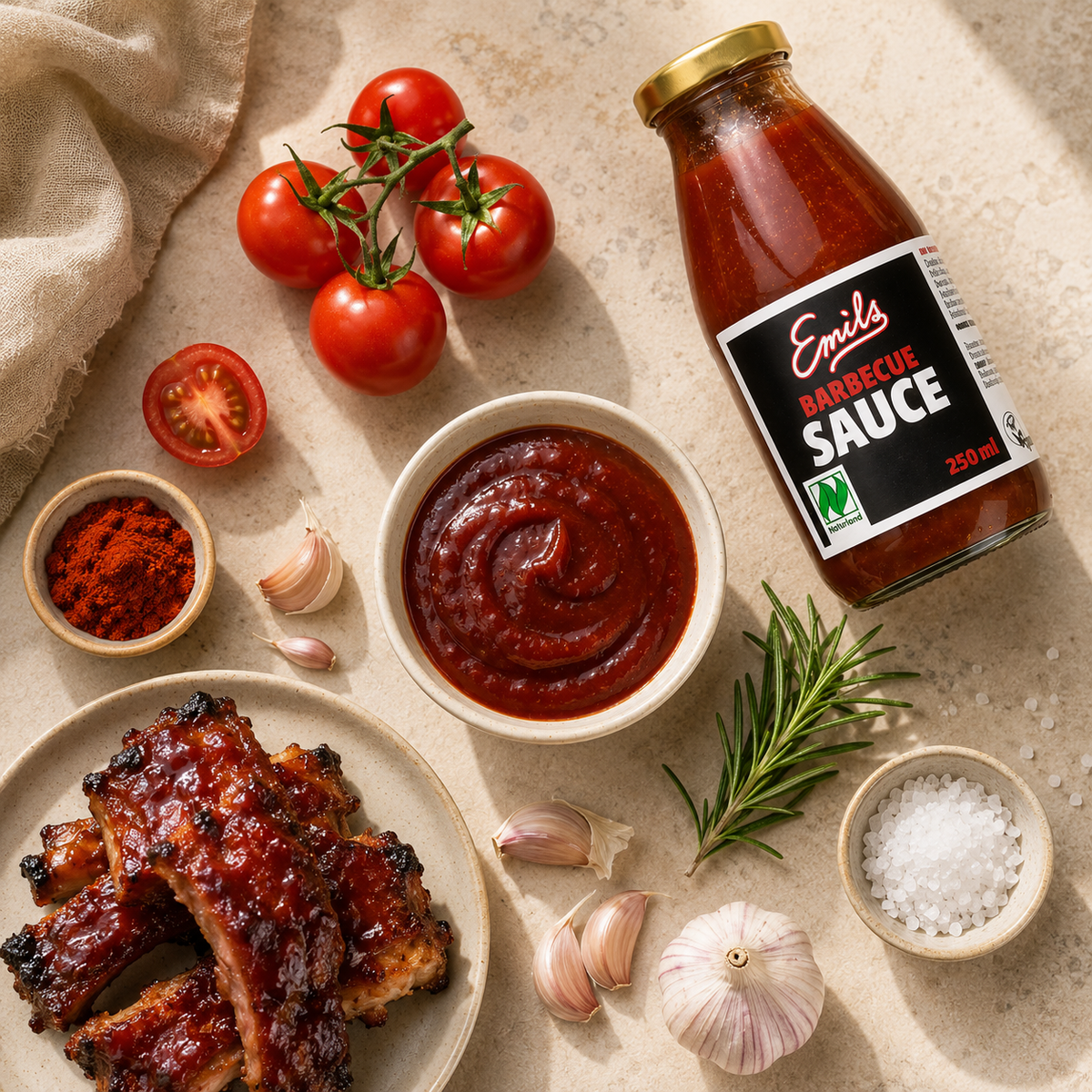 Emils Bio Barbecue Sauce mit BBQ-Rippchen, Tomaten, geräucherter Paprika, Knoblauch und Meersalz
