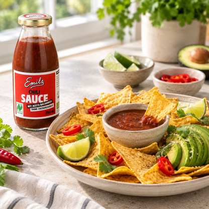 Emils Bio Chili Sauce ohne Zuckerzusatz als Dip mit Nachos, Avocado, Limette und Chili
