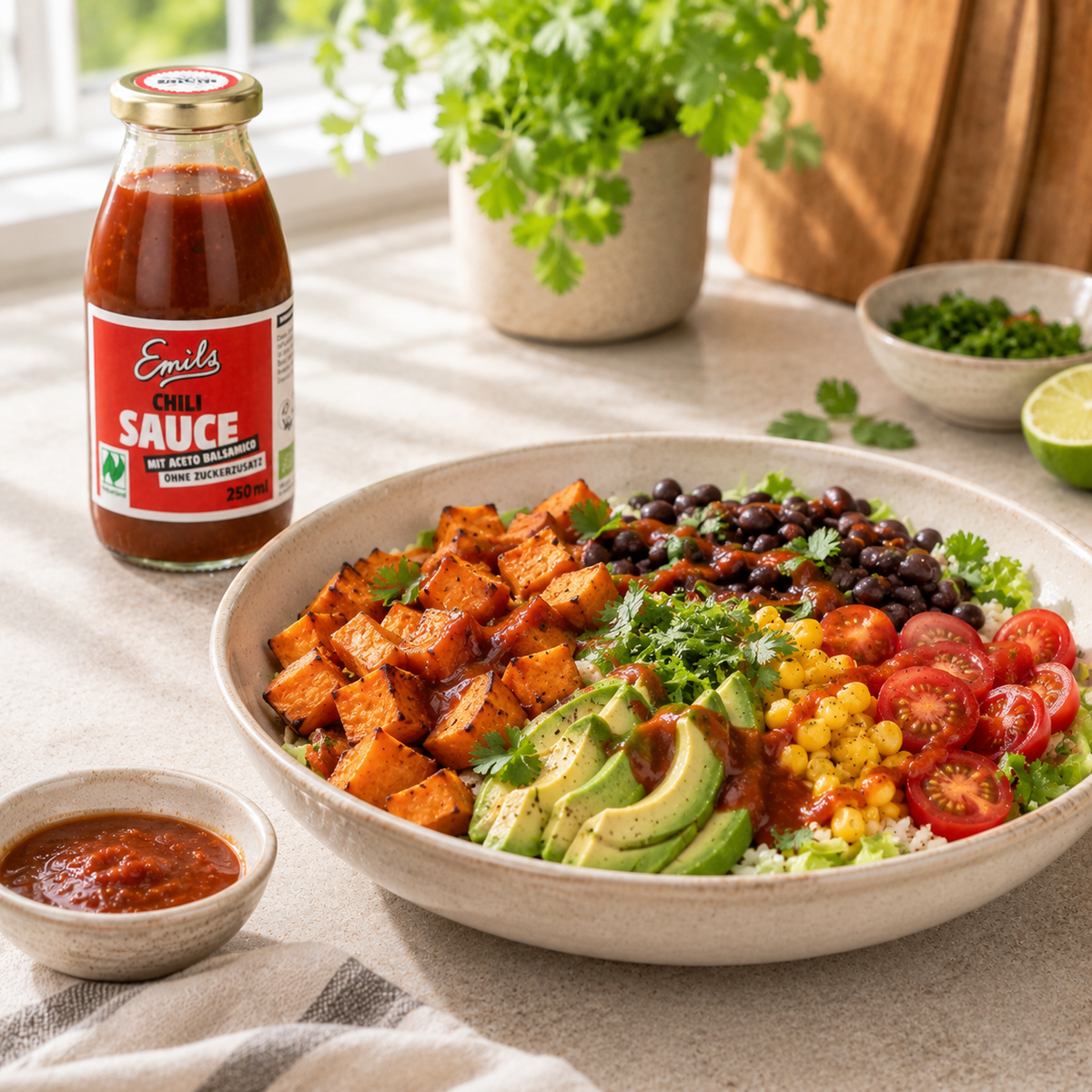 Bowl mit Süßkartoffeln, schwarzen Bohnen, Avocado, Gemüse und Emils Bio Chili Sauce ohne Zuckerzusatz