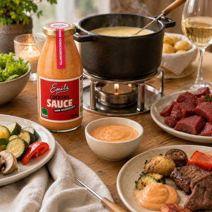 Emils Bio Cocktail Sauce ohne Zuckerzusatz zu Fondue mit Fleisch und Gemüse