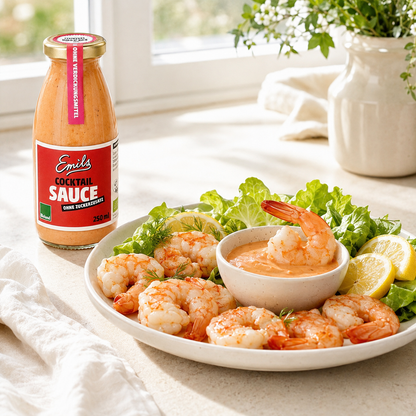 Emils Bio Cocktail Sauce ohne Zuckerzusatz mit Garnelen, Salat und Zitrone