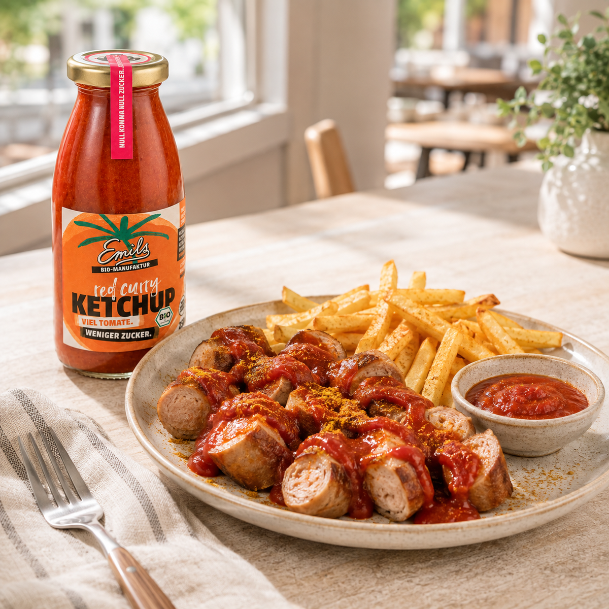 Currywurst mit Pommes und Emils Bio Red Curry Ketchup