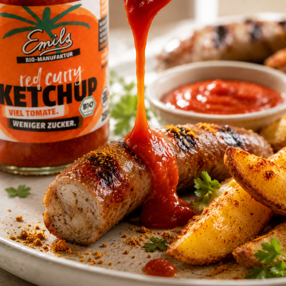 Emils Bio Red Curry Ketchup als Dip mit Potato Wedges, Süßkartoffeln und Gemüsesticks