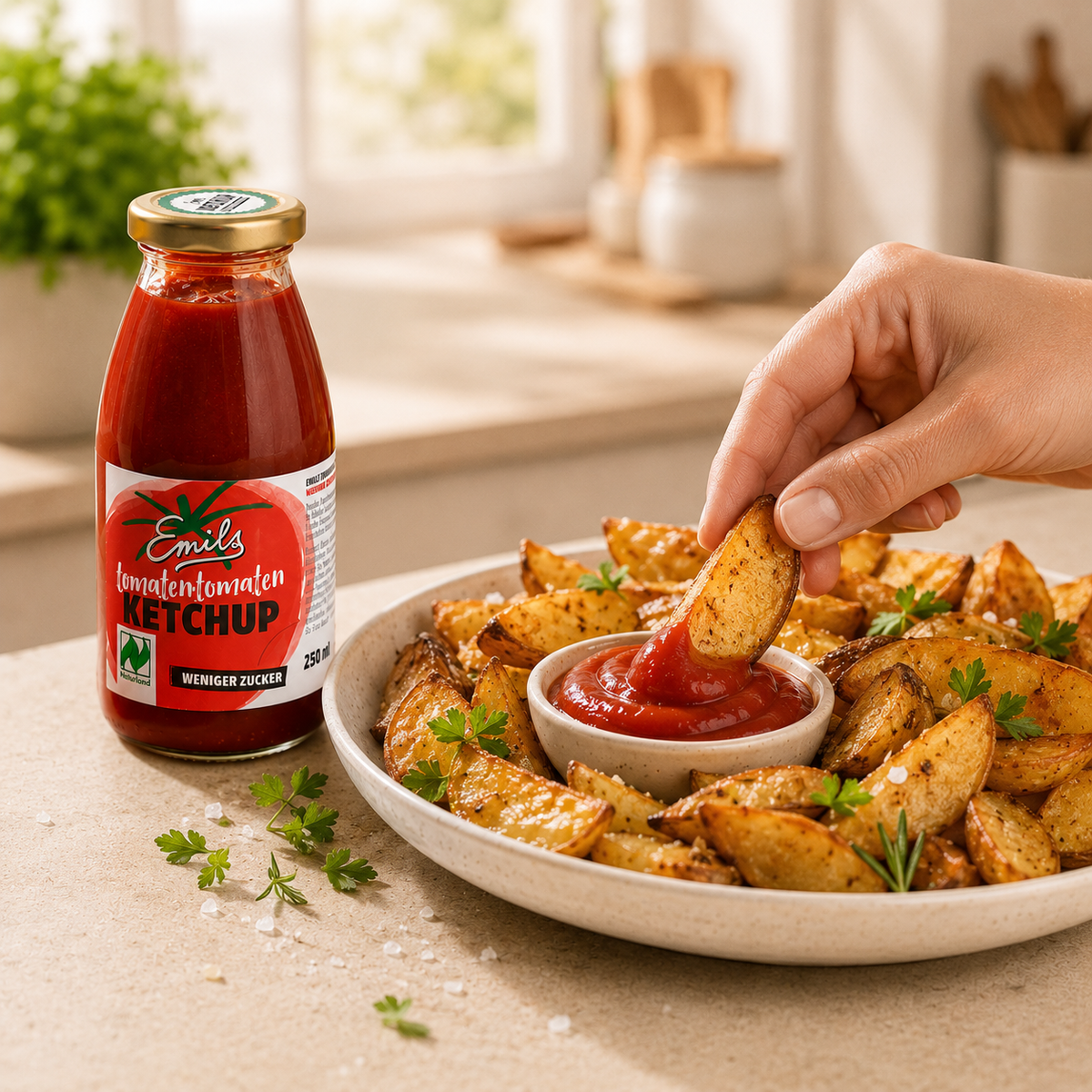 Knusprige Ofenkartoffeln werden in Emils Bio Tomaten Ketchup gedippt