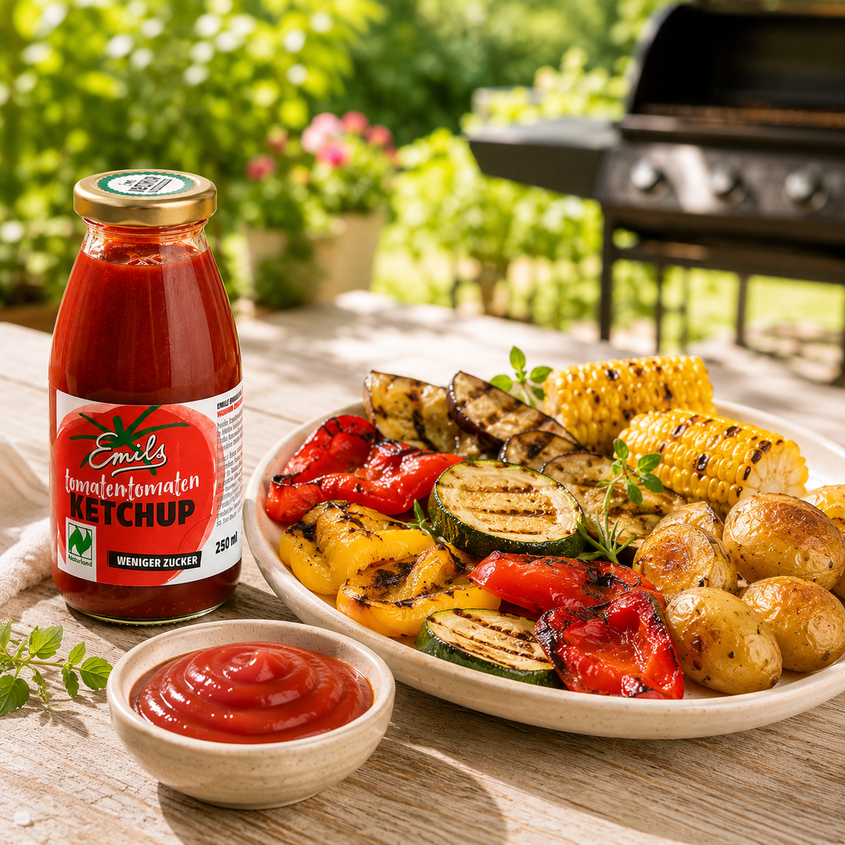Emils Bio Tomaten Ketchup mit gegrilltem Gemüse auf einer sommerlichen Terrasse