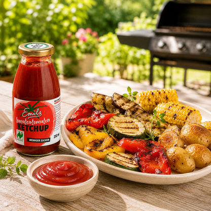 Emils Bio Tomaten Ketchup mit gegrilltem Gemüse auf einer sommerlichen Terrasse