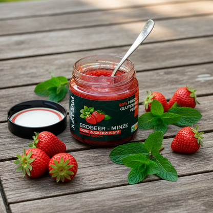 Just Jam Erdbeer-Minze Marmelade auf Holztisch im Garten mit frischen Erdbeeren und Minze – zuckerfrei, vegan, 200g