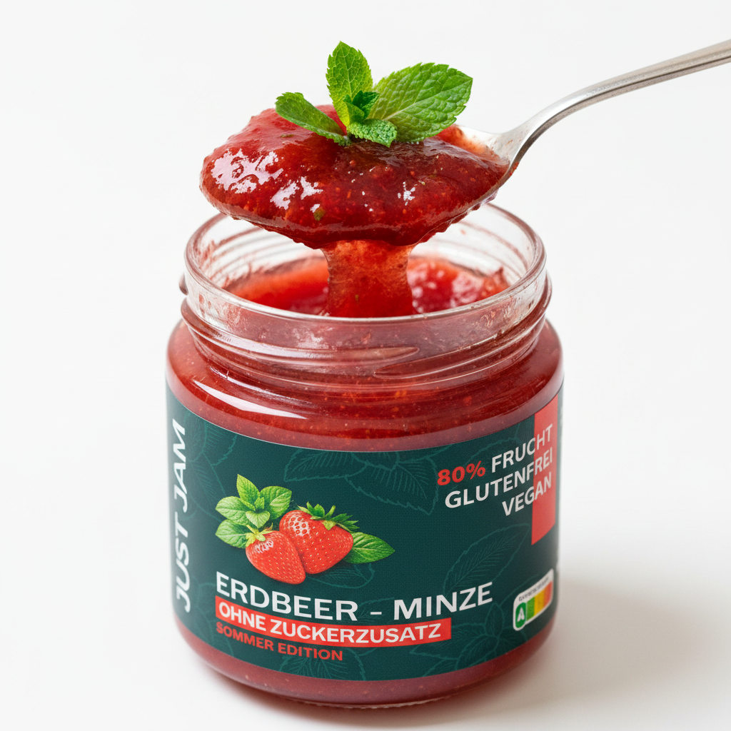 Just Jam Erdbeer-Minze Marmelade ohne Zuckerzusatz – Nahaufnahme Konsistenz, 80% Frucht, glutenfrei, vegan, 200g