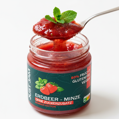 Just Jam Erdbeer-Minze Marmelade ohne Zuckerzusatz – Nahaufnahme Konsistenz, 80% Frucht, glutenfrei, vegan, 200g