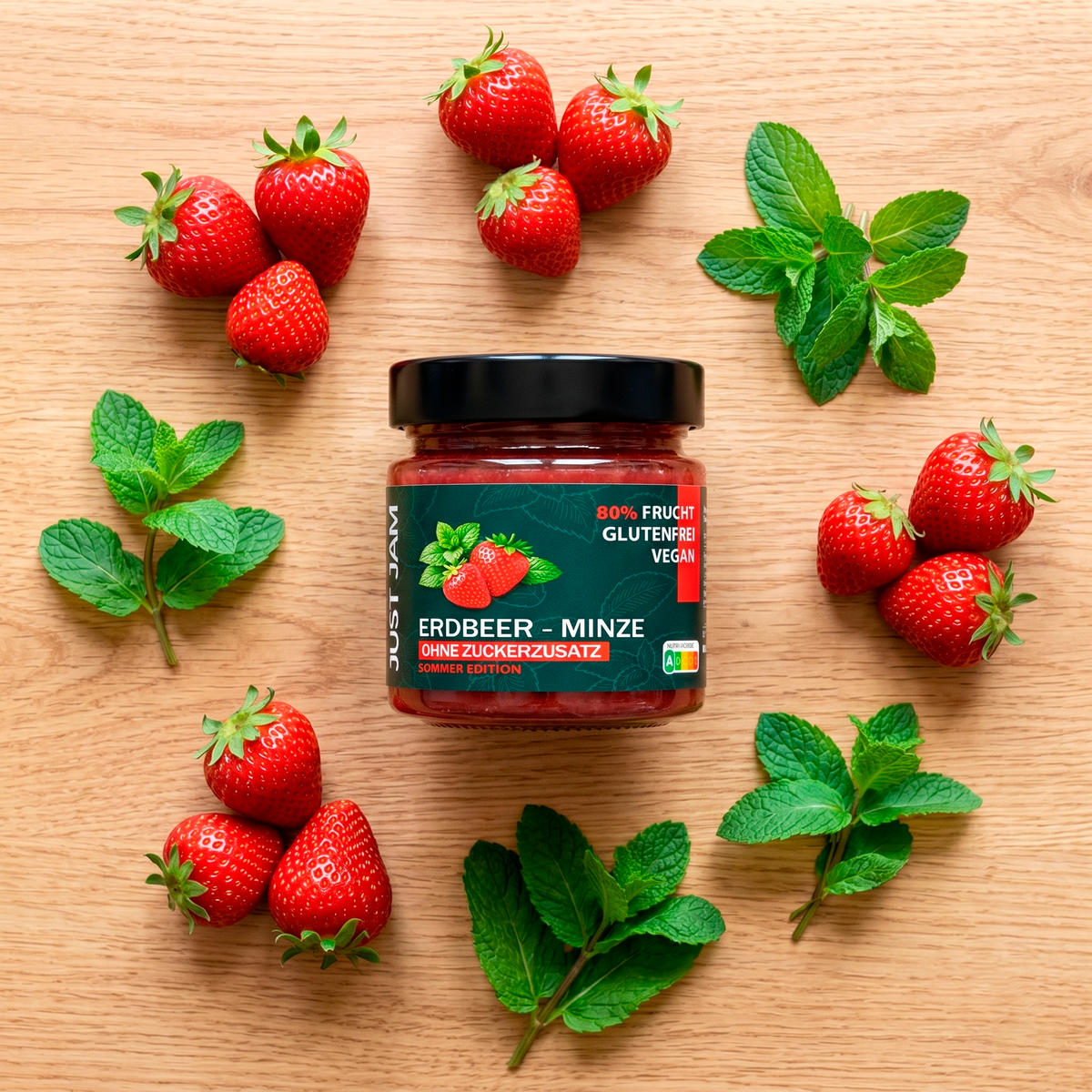 Erdbeer-Minze Marmelade ohne Zuckerzusatz von Just Jam mit frischen Erdbeeren und Minzblättern