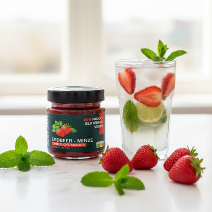 Just Jam Erdbeer-Minze Marmelade neben einem Erdbeer-Mojito Cocktail – Sommer Lifestyle, zuckerfrei, glutenfrei, vegan, 200g