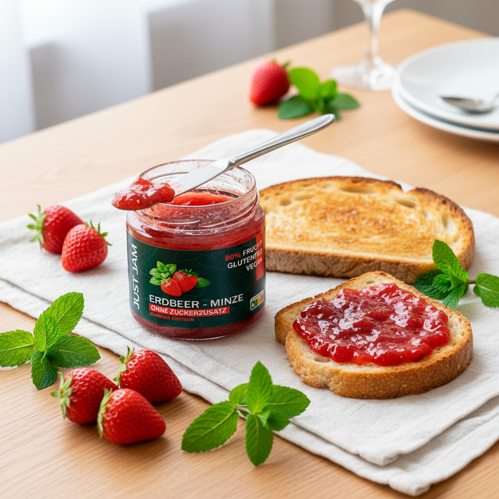 Just Jam Erdbeer-Minze Marmelade zum Fruehstueck auf weissem Leinen mit Toast, Erdbeeren und Minze – zuckerfrei, 200g