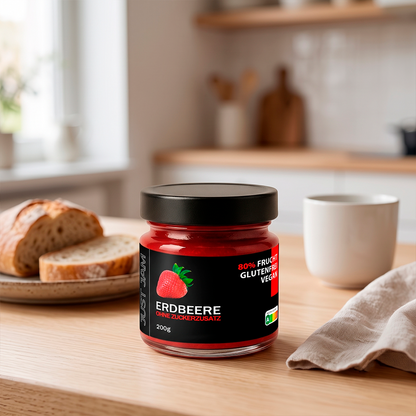 Erdbeermarmelade ohne Zuckerzusatz von Just Jam auf einem gedeckten Frühstückstisch