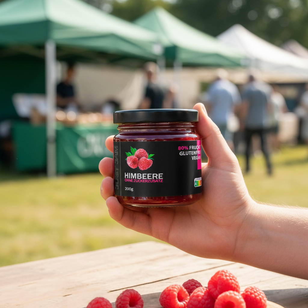 Just Jam Himbeere Marmelade in der Hand auf dem Sommermarkt – ohne Zuckerzusatz, vegan, 80% Frucht, 200g