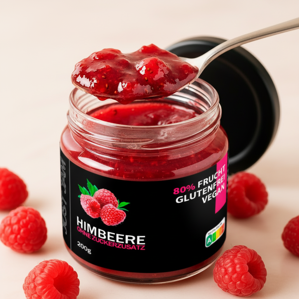 Just Jam Himbeere Marmelade ohne Zuckerzusatz – Nahaufnahme Konsistenz, 80% Frucht, glutenfrei, vegan, 200g