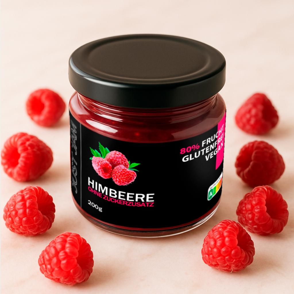 Himbeermarmelade ohne Zuckerzusatz von Just Jam im 200-g-Glas mit frischen Himbeeren
